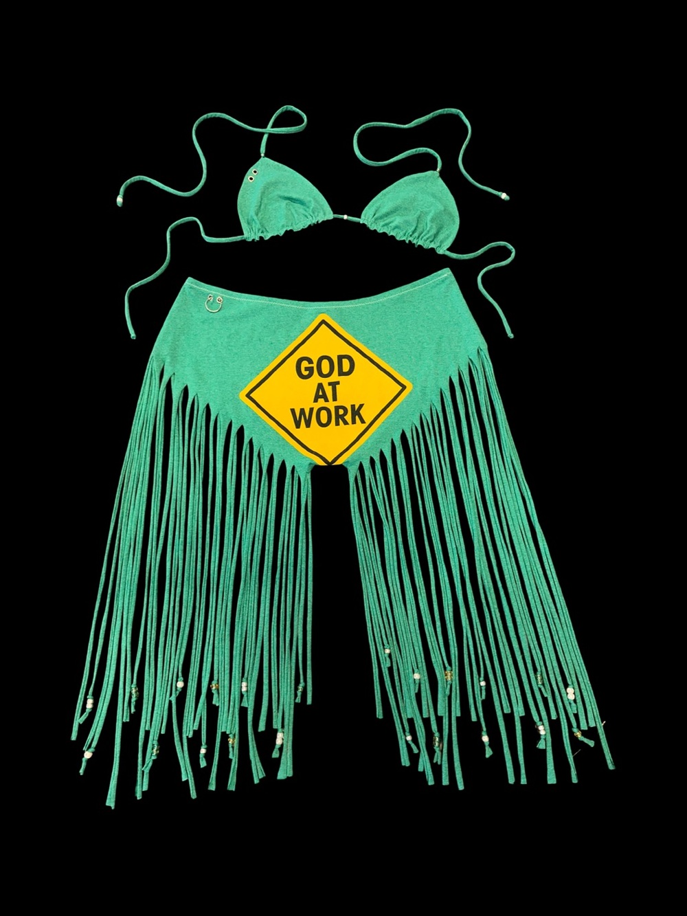 Green Fringe Swim Coverup with 'God At Work' Patch
